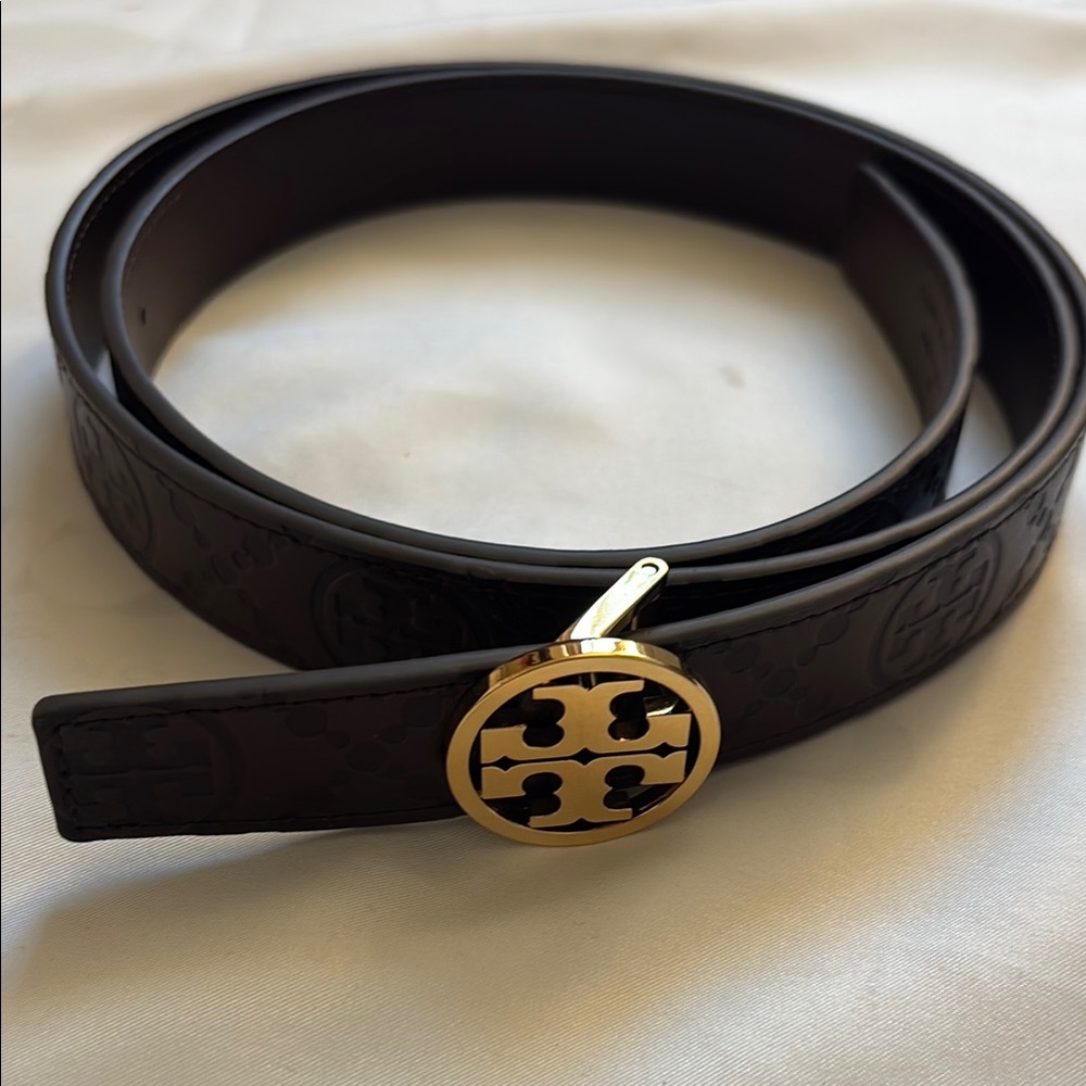 Tory Burch Women's 1" Miller T Monogram Leather Belt, Color: Maroon, Sz M